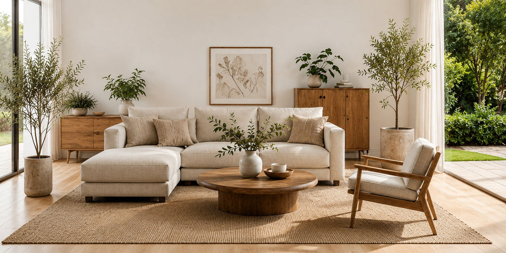Calm living room with a neutral sofa, wood coffee table, accent chair, and indoor greenery