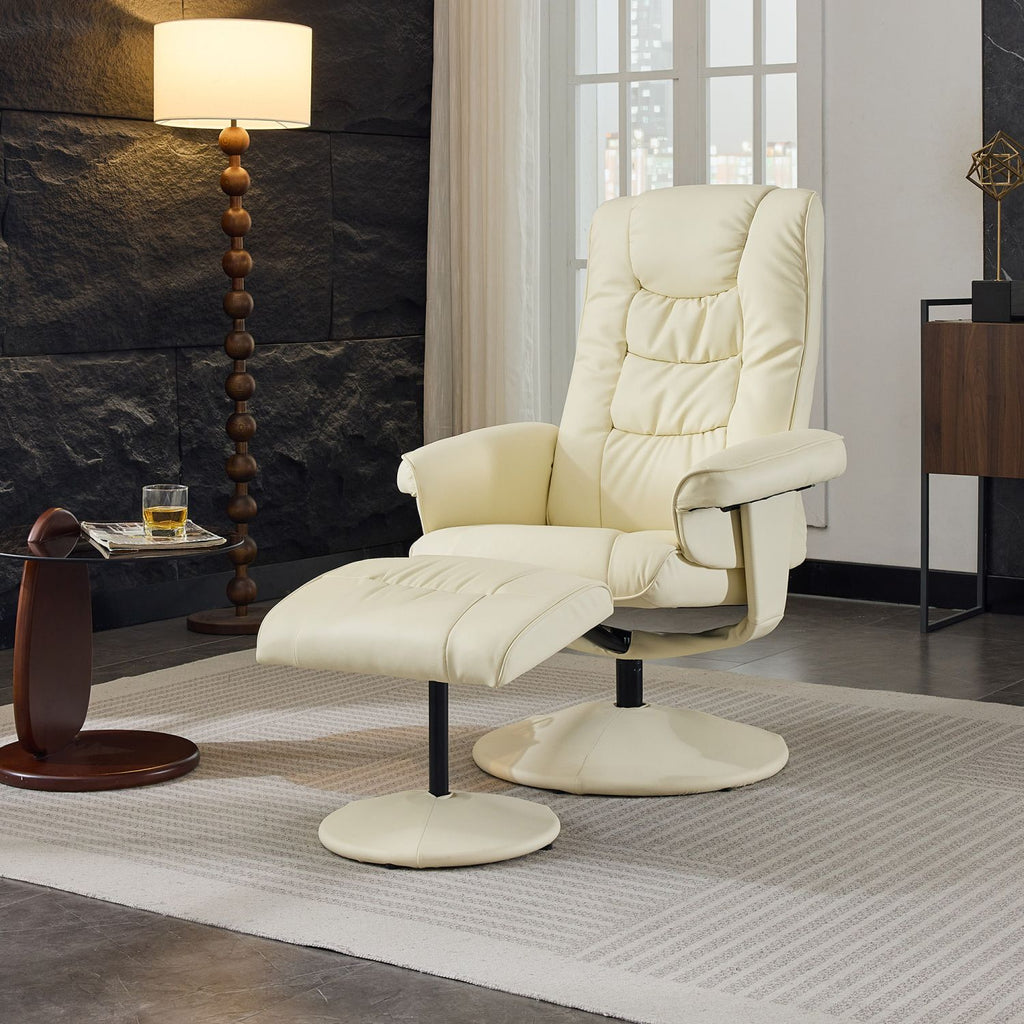015-Reclining Chair with Ottoman, 360° Swivel PU Leather Recliners with 5 Massage Mode, Adjustable Backrest for Home or Office, Beige