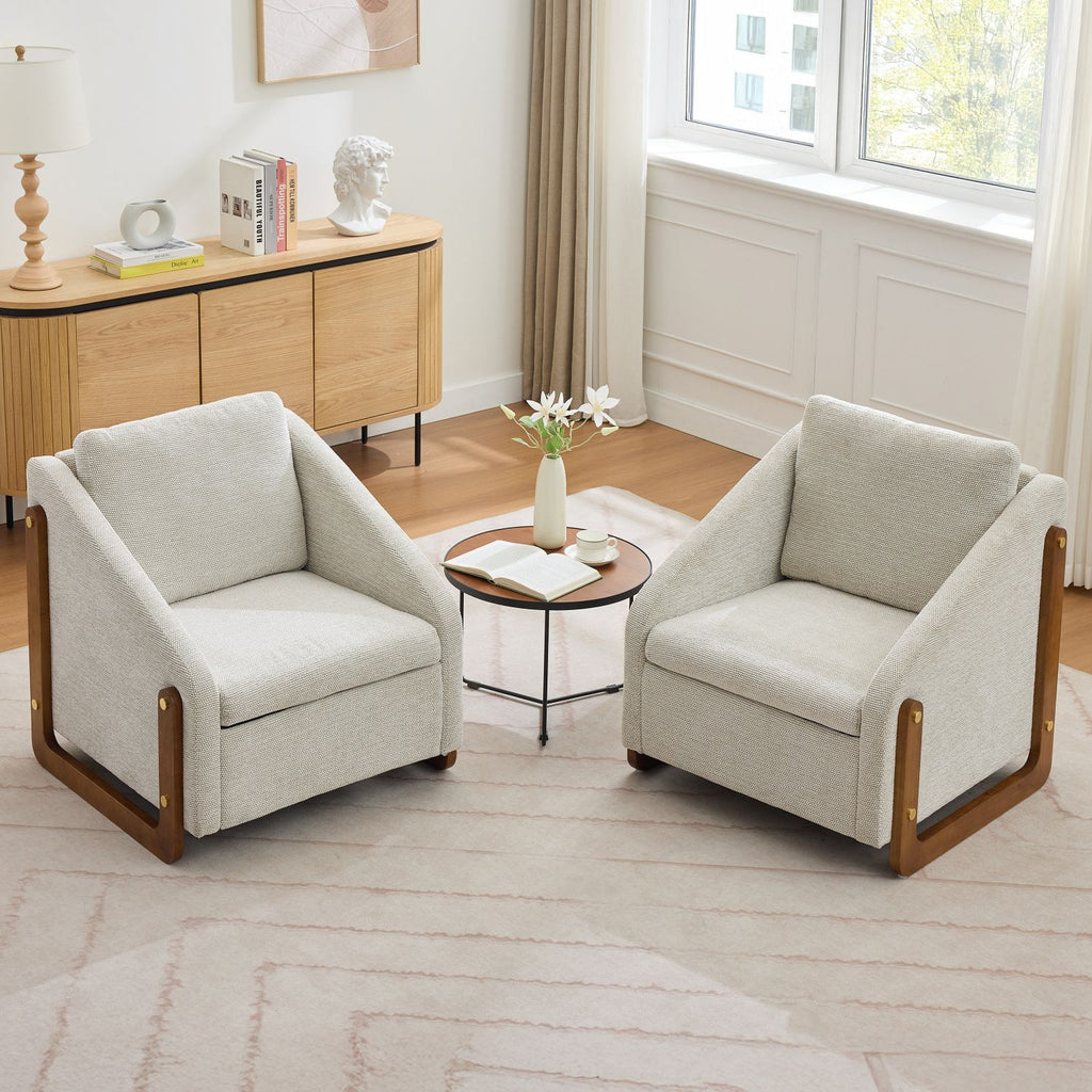 057-Chenille Fabric Modern Upholstered Armchair with Wooden Side Frame , Accent Leisure Chair with Cushioned Seat and Backrest for Living Room, Bedroom,Beige