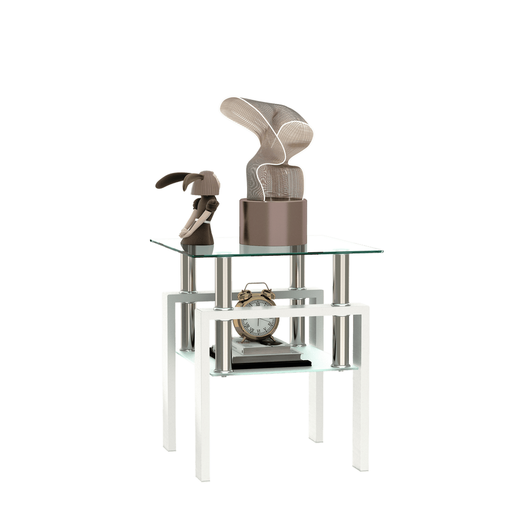 1-Piece Modern Tempered Glass Tea Table Coffee Table End Table, Square Table for Living Room, Transparent/White