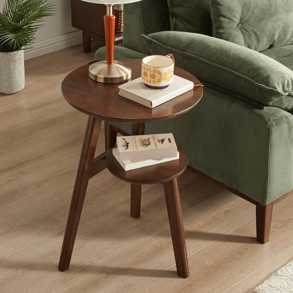 100% Solid Wood 2-Tier Side Table Sofa Side Table Living Room End Table Bedside Table,Solid Wood Round End Table, 2-Tier Small Side Table with Lower Storage Shelf