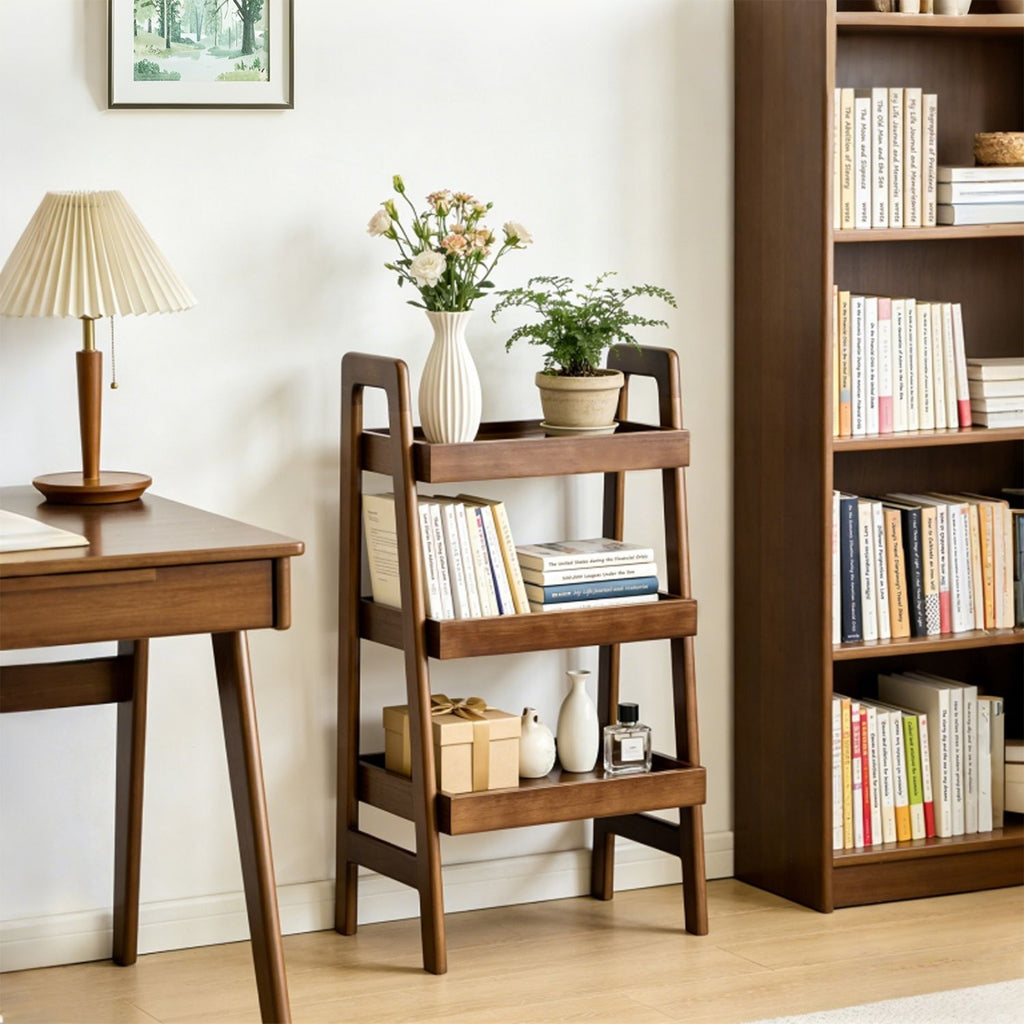 100% Solid Wood Ladder Shelf, 3 Tier Small Ladder Bookshelf, Freestanding Ladder Shelf with Open Storage,Side Table for Living Room, Bedroom, Study, Home Office, Saving Space, Walnut