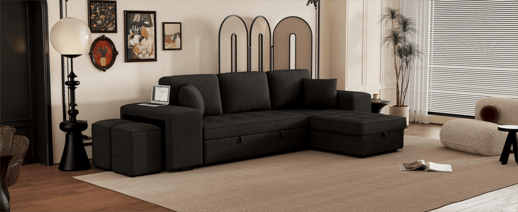 104.5" Modern L-Shape 3 Seat Reversible Sectional Couch, Pull Out Sleeper Sofa with Storage Chaise and 2 Stools for Living Room Furniture Set, Charcoal Grey
