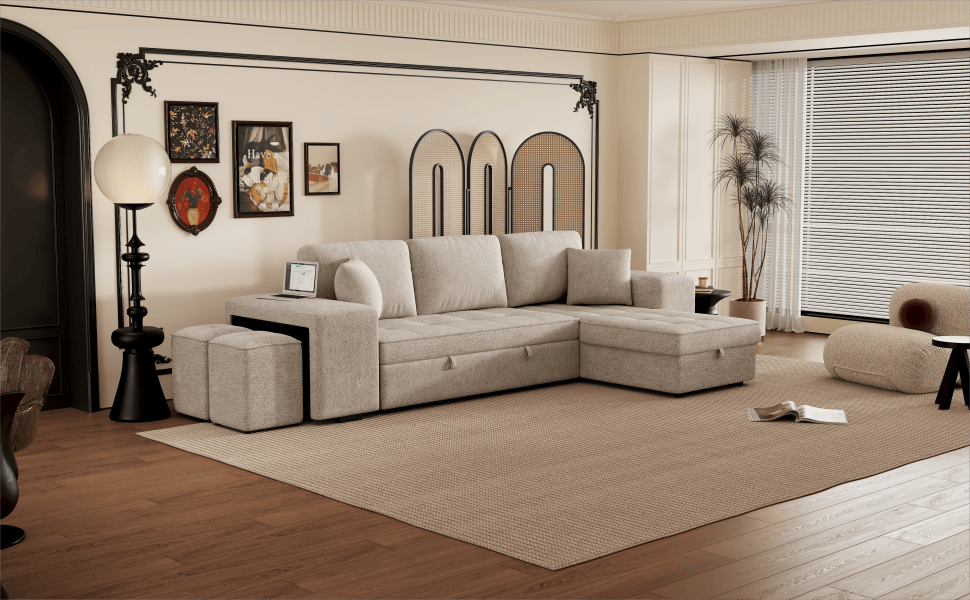 104.5" Modern L-Shape 3 Seat Reversible Sectional Couch, Pull Out Sleeper Sofa with Storage Chaise and 2 Stools for Living Room Furniture Set, Cream