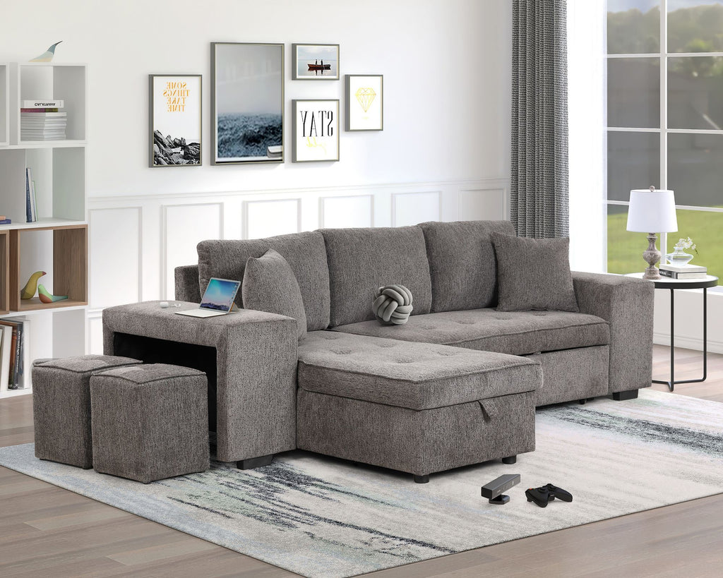 104.5" Modern L-Shape 3 Seat Reversible Sectional Couch, Pull Out Sleeper Sofa with Storage Chaise and 2 Stools for Living Room Furniture Set,Knox Charcoal (old sku:SG000431AAA)