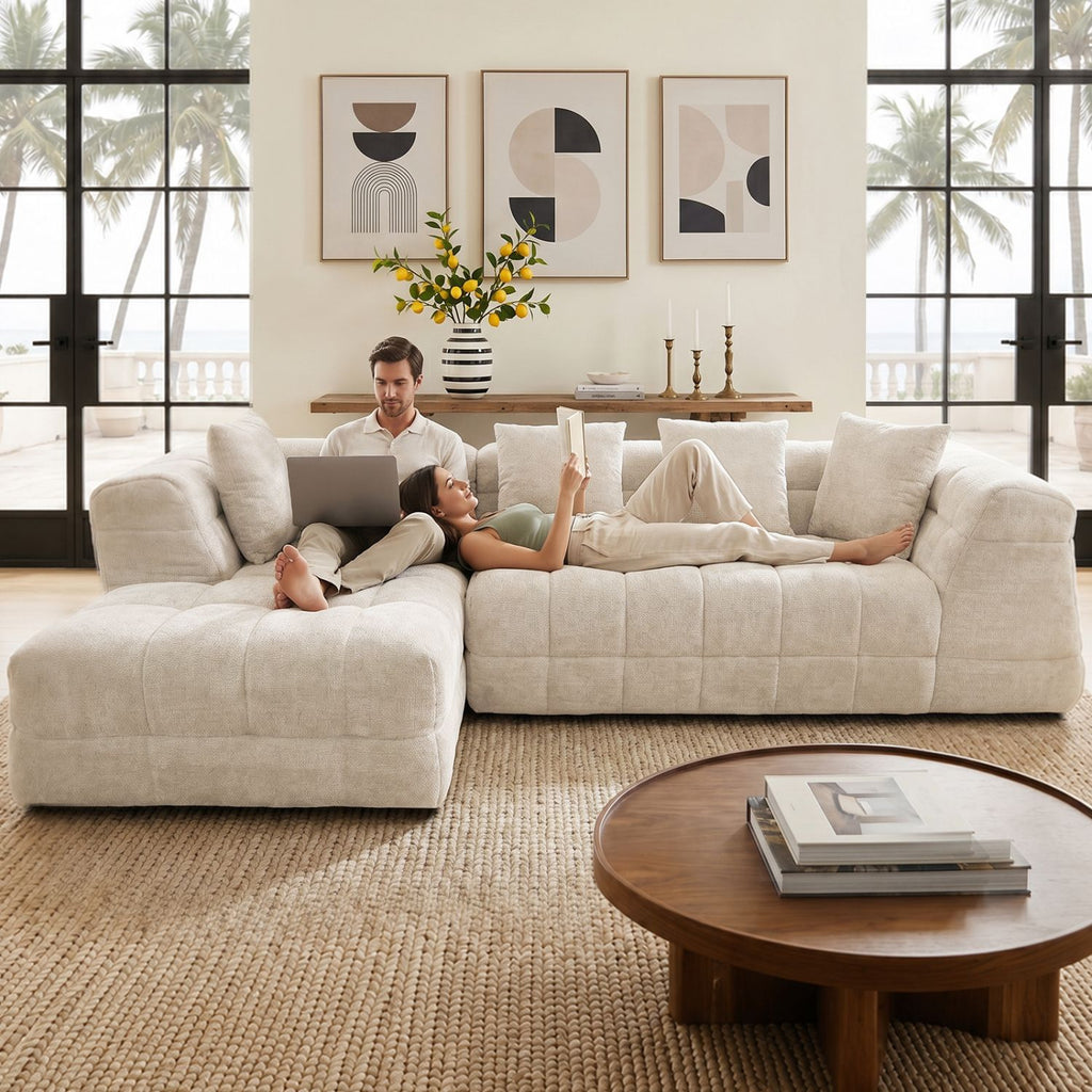 104.7''Oversized Deep Seat L-Shaped Modular Cloud Sectional Sofa, Soft Corduroy Block Square Corner Couch, 1000LBS Weight Capacity No Assembly Comfy Chaise Lounge Sofa, Large Convertible Modular Sofa