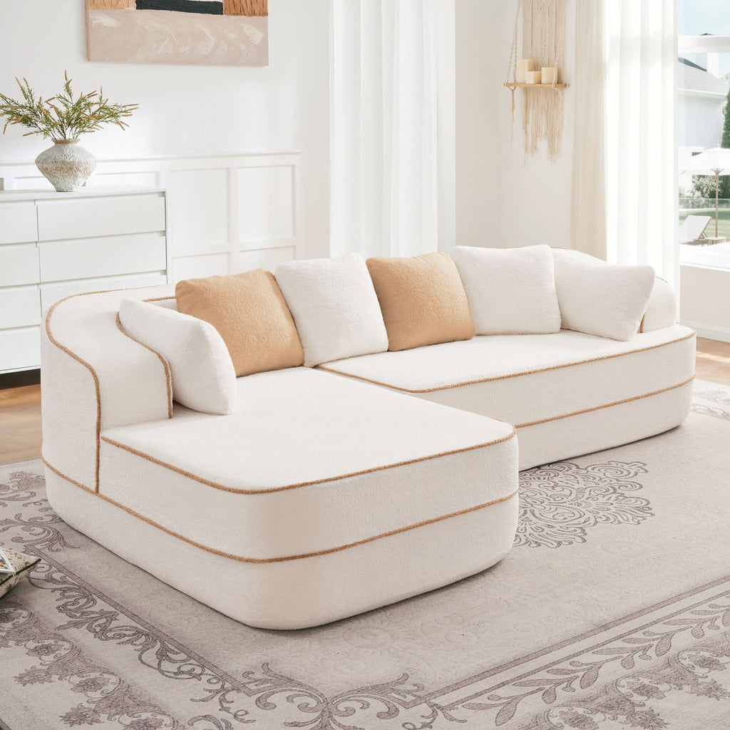 106" Teddy Fabric No Assembly 32D High Density sponge Boneless Sofa,Contrast color design,Fluffy Comfy Couch with L-Shaped Chaise,for Living Room,White