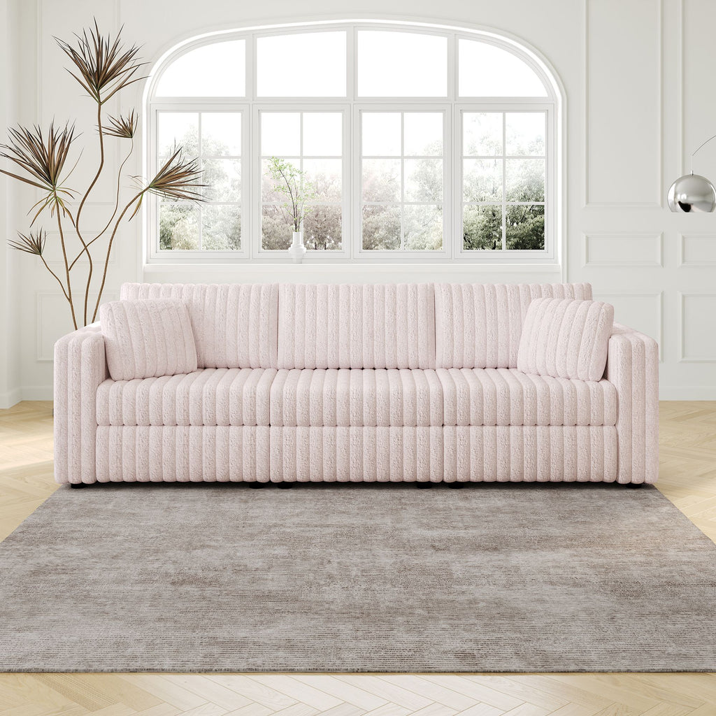 106.3" Soft Modular 3-person Sofa - Highly Comfortable & Distinctive Design. Ideal for Bedroom & Living Room. Light Pink. Modern & Plush Furniture Choice.