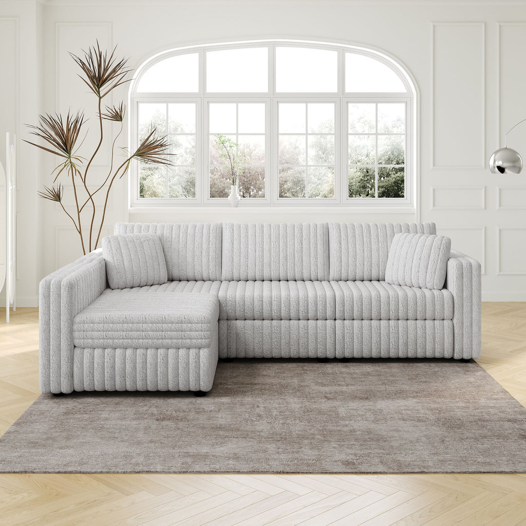 106.3" Soft Rabbit Plush L-shaped 4-Person Sofa. Comfortable & Stylish. Matches Bedroom & Living Room. Light gray. Modern plush furniture. Modular design for versatility. L-shape offers unique style a