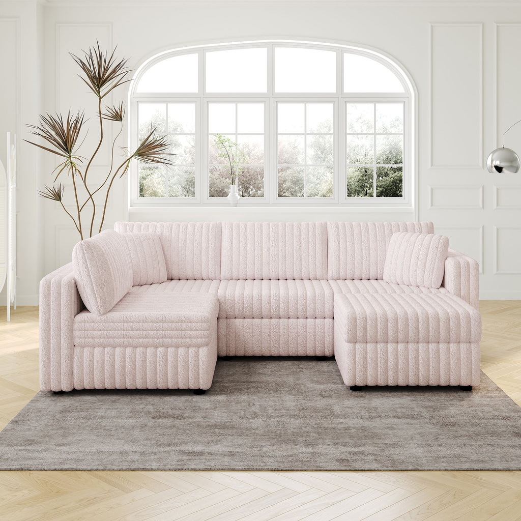 106.3" Soft U-shaped 4-Person Sofa. Matches 30.7" Ottoman with Hydraulic Lift. Comfortable & Stylish. For Bedroom & Living Room. Light Pink.Modern Furniture. Modular Design.