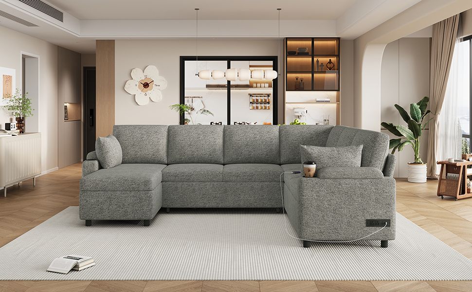 109.9" Sectional Sofa Versatile Sofa Bed Sofa Sleeper U-shaped Sofa with Ample Storage Space, Two Cup Holders and Charging Ports for Living Room, Light Grey