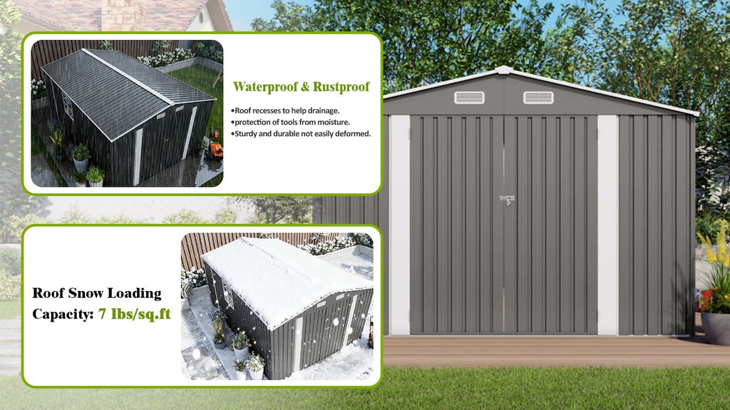 10x14 FT Outdoor Metal Storage Shed, Durable Garden Shed with Three Lockable Doors and Clear Window for Backyard, Patio, Garden, All-Weather Shelter for Bike, Gardening Tools, Lawn Mowers, Grey