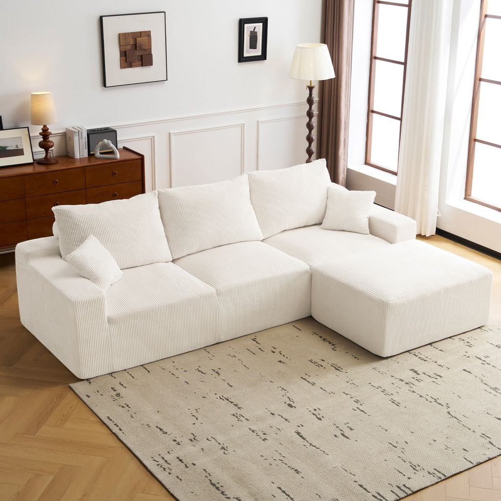 "110" L-Shaped Sectional Sofa, Full-Compression 3-Seater Cloud Couch with Chaise, No Assembly Required Sofa for Living Room, Ultra-Soft Deep Seat Modular Sofa(Corduroy, BEIGE)