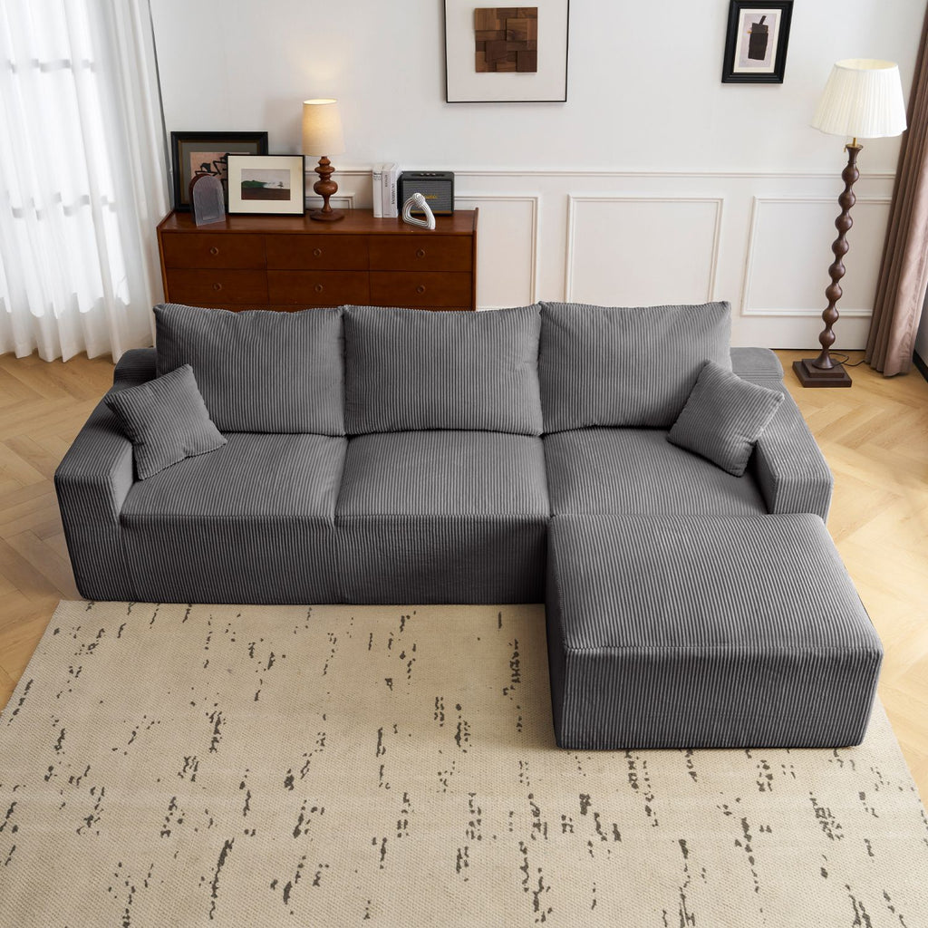"110" L-Shaped Sectional Sofa, Full-Compression 3-Seater Cloud Couch with Chaise, No Assembly Required Sofa for Living Room, Ultra-Soft Deep Seat Modular Sofa(Corduroy, Grey)