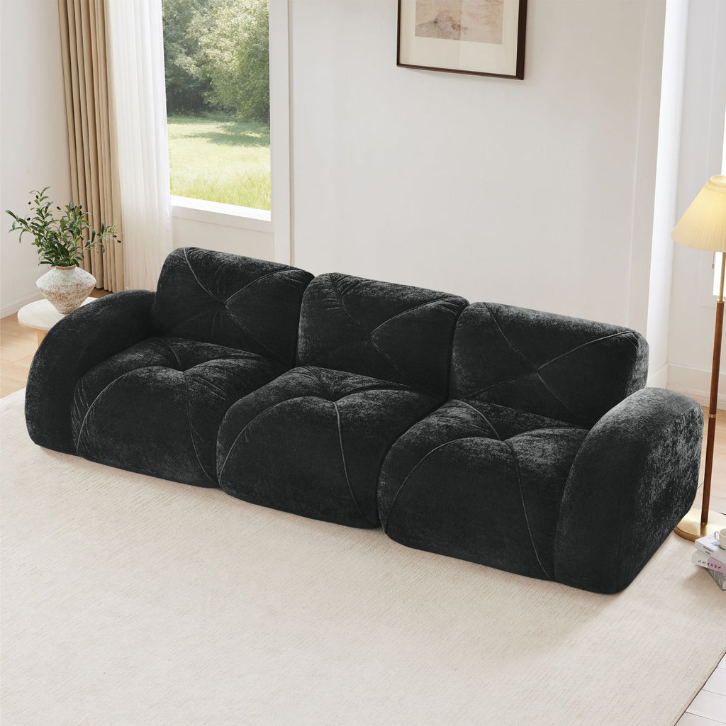 110''Boneless Sofa With Tufted,Soft Velvet Fabric,Modular Sectional Sofa Couches,32D High Density Sponge,Anti-Slip Design,Ergonomic Design Bottom,No Assembly Required,For Study,Home Theater,Black