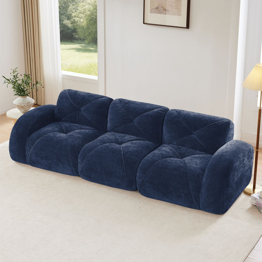 110''Boneless Sofa With Tufted,Soft Velvet Fabric,Modular Sectional Sofa Couches,32D High Density Sponge,Anti-Slip Design,Ergonomic Design Bottom,No Assembly Required,For Study,Home Theater,Blue
