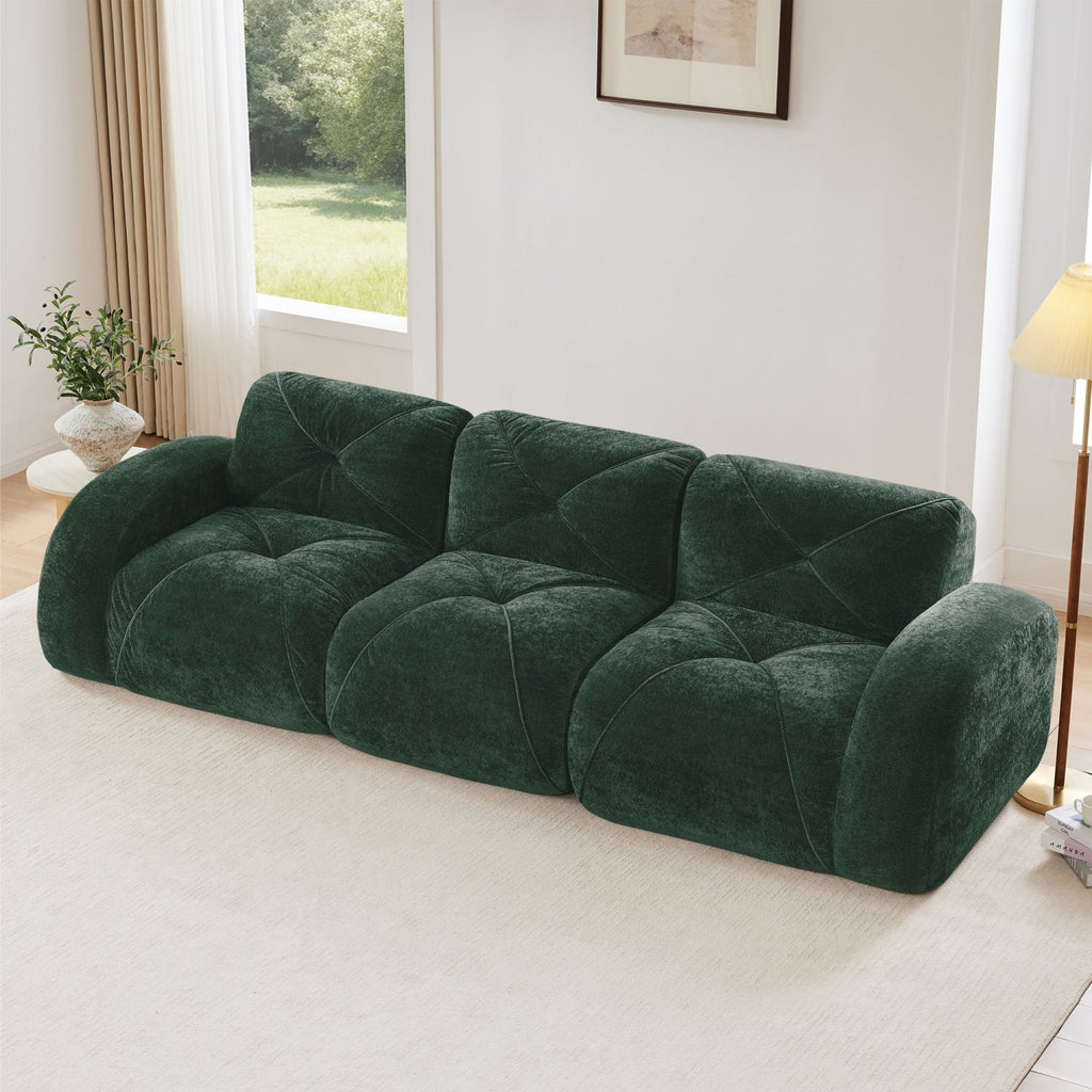 110''Boneless Sofa With Tufted,Soft Velvet Fabric,Modular Sectional Sofa Couches,32D High Density Sponge,Anti-Slip Design,Ergonomic Design Bottom,No Assembly Required,For Study,Home Theater,Green