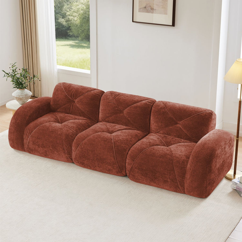 110''Boneless Sofa With Tufted,Soft Velvet Fabric,Modular Sectional Sofa Couches,32D High Density Sponge,Anti-Slip Design,Ergonomic Design Bottom,No Assembly Required,For Study,Home Theater,Red Brown