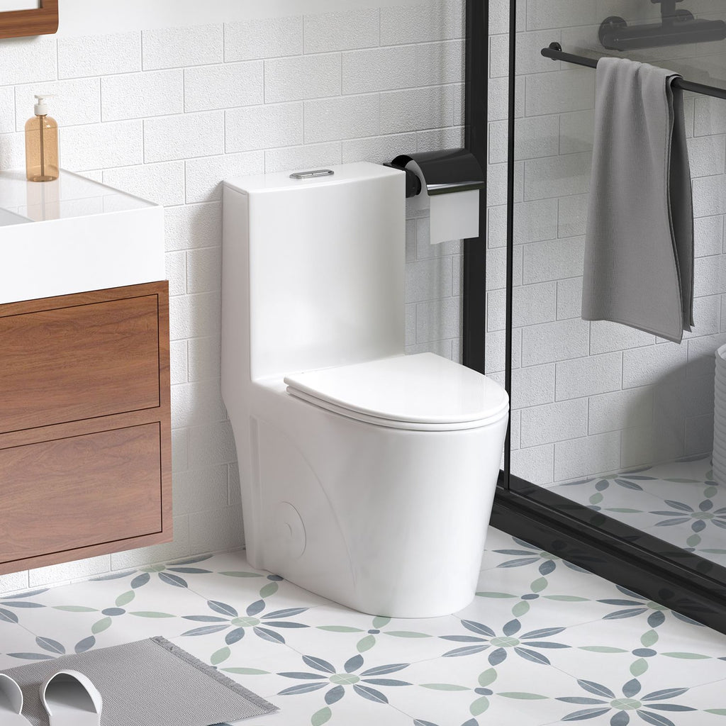 1.1/1.6 GPF Dual Flush One-Piece Toilet, Button on Tank top S-trap 12 inches, Elongated Bowl with Soft Close Seat, Water-Saving MAP 1000g, Comfort Chair Seat ADA Height, Glossy White GW-001