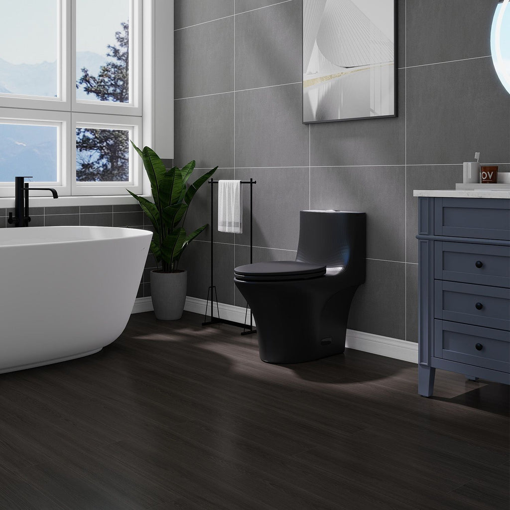 1.1/1.60 GPF Dual-Flush One Piece Toilet,Button on Tank top S-trap, Water-Saving Elongated Comfort Height Floor Mounted, Soft Closing Seat,1000 Gram Map Flushing Score Toilet, Matte Black MB-002