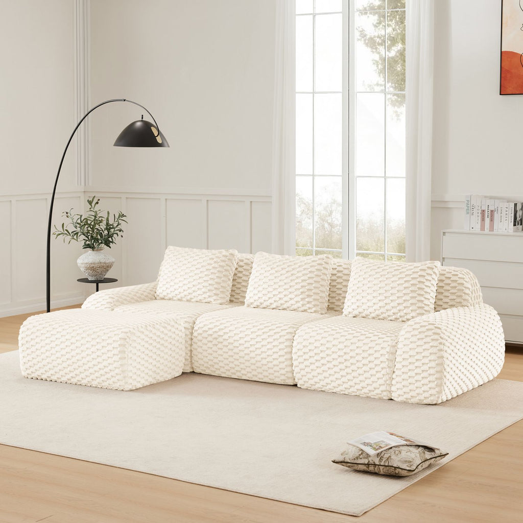 114" Modern L-Shaped Modular Sectional Sofa for Living Room,Flannelette Fabric,Oversized 3-Seater Couch,Deep Seat,Boneless sofa ,Movable Ottoman,Buckle connection,Anti-slip Design,No Assembly,Cream