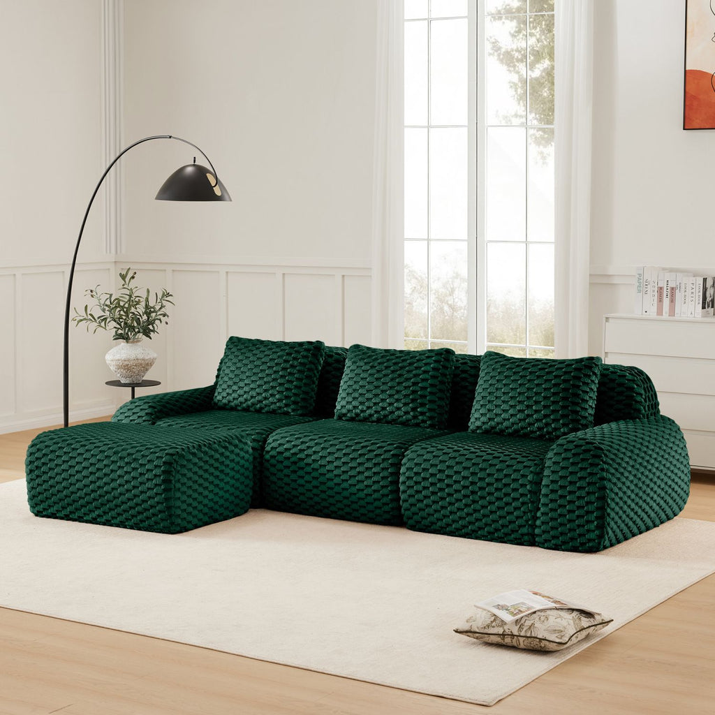 114" Modern L-Shaped Modular Sectional Sofa for Living Room,Flannelette Fabric,Oversized 3-Seater Couch,Deep Seat,Boneless sofa,Movable Ottoman,Buckle connection,Anti-slip Design,No Assembly,Green