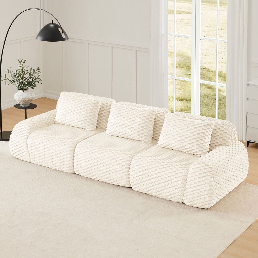 114" Modern Modular Sectional Sofa for Living Room,Flannelette Fabric,Oversized 3-Seater Couch,boneless sofa,Deep Seat,Buckle connection,Anti-slip Design,No Assembly,Cream