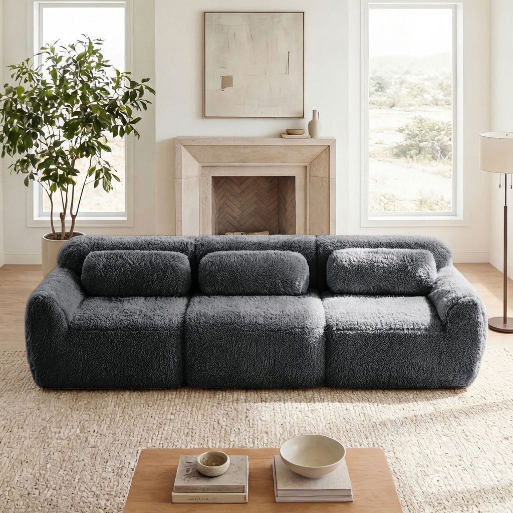 114''Soft And Fluffy Plush Fabric,Modular Sectional Sofa Couches,Ergonomic Design With Ottoman And Throw Pillows,Full-compression Vacuum Packaging Buckle Connection For Study,Home Theater,Dark Grey