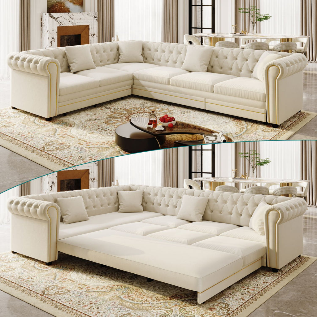 115.3" L-Shaped Sofa Couch with Pull-Out Bed, Oversize Convertible Sleeper, Velvet Button Tufted Couch, Gold Trim Rolled Arms, Oversized Deep Seat Luxury Sofa with Throw Pillows ,Beige/White