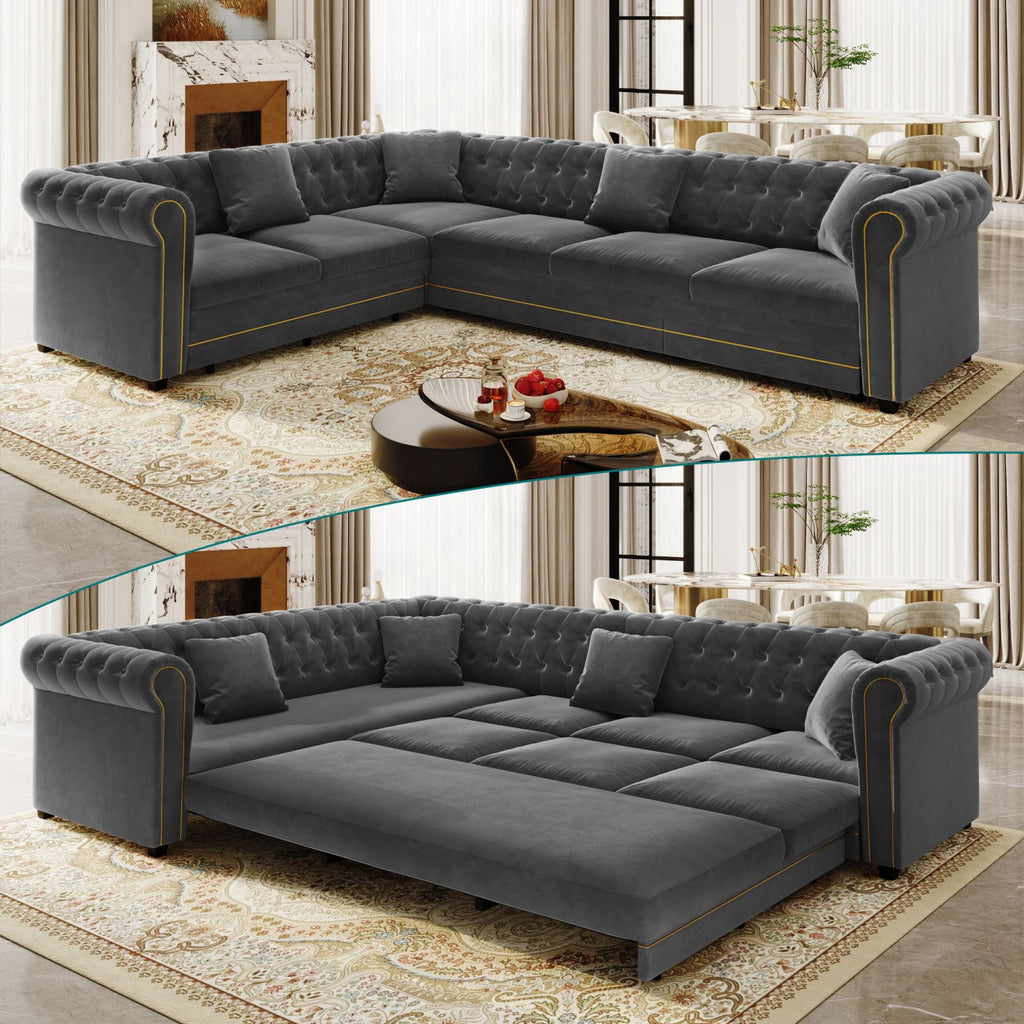 115.3" L-Shaped Sofa Couch with Pull-Out Bed, Oversize Convertible Sleeper, Velvet Button Tufted Couch, Gold Trim Rolled Arms, Oversized Deep Seat Luxury Sofa with Throw Pillows ,Dark Grey
