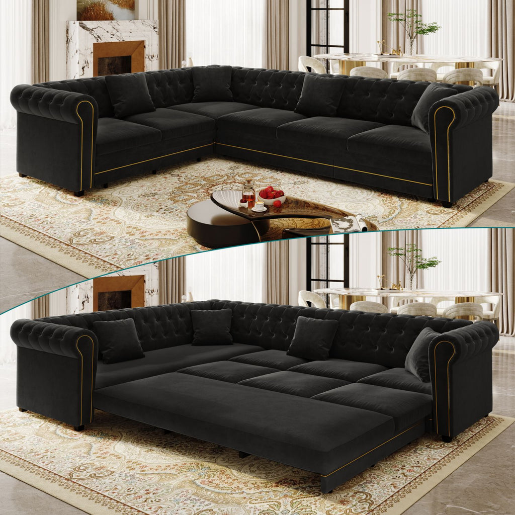 115.3" L-Shaped Sofa Couch with Pull-Out Bed, Oversize Convertible Sleeper, Velvet Button Tufted Couch, Gold Trim Rolled Arms, Oversized Deep Seat Luxury Sofa with Throw Pillows for Living Room, Black