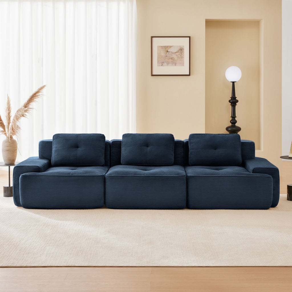 117" Modern Modular Sectional Sofa for Living Room, Corduroy Fabric,Oversized 3-Seater Couch with Deep Seat, Pearl-like piping, Tufted Design,Buckle connection,No Assembly,Anti-slip Design,Blue