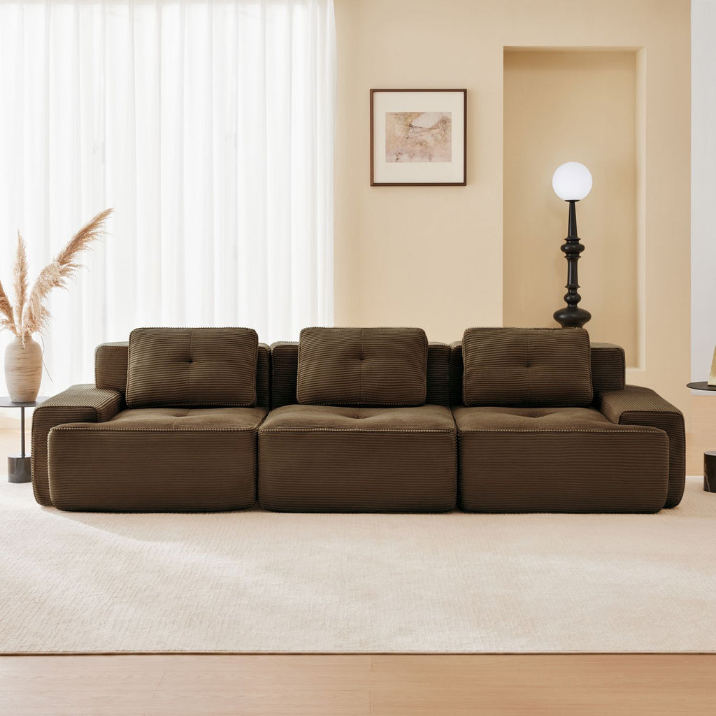 117" Modern Modular Sectional Sofa for Living Room, Corduroy Fabric,Oversized 3-Seater Couch with Deep Seat, Pearl-like piping, Tufted Design,Buckle connection,No Assembly,Anti-slip Design,Brown