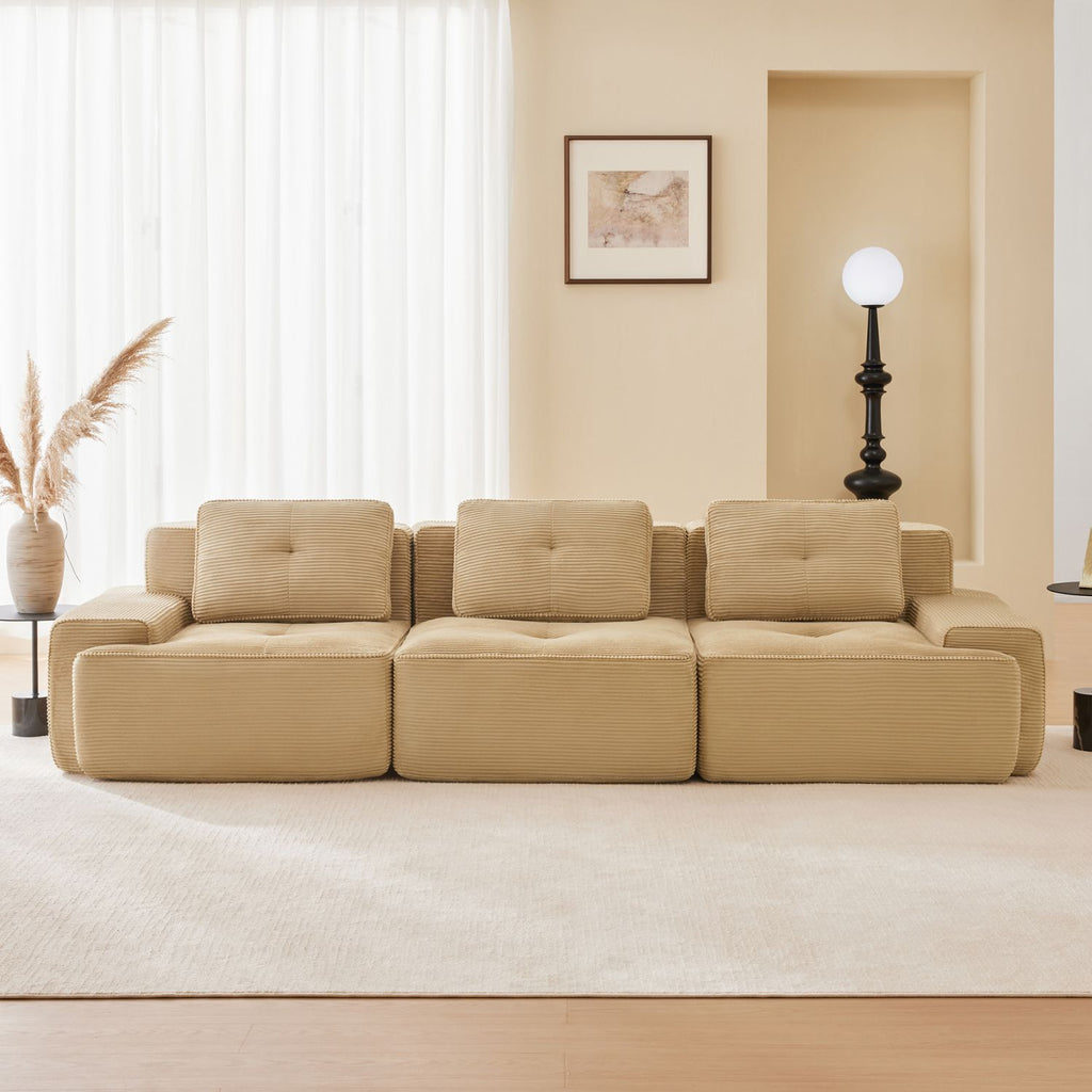 117" Modern Modular Sectional Sofa for Living Room, Corduroy Fabric,Oversized 3-Seater Couch with Deep Seat, Pearl-like piping, Tufted Design,Buckle connection,No Assembly,Anti-slip Design,Camel