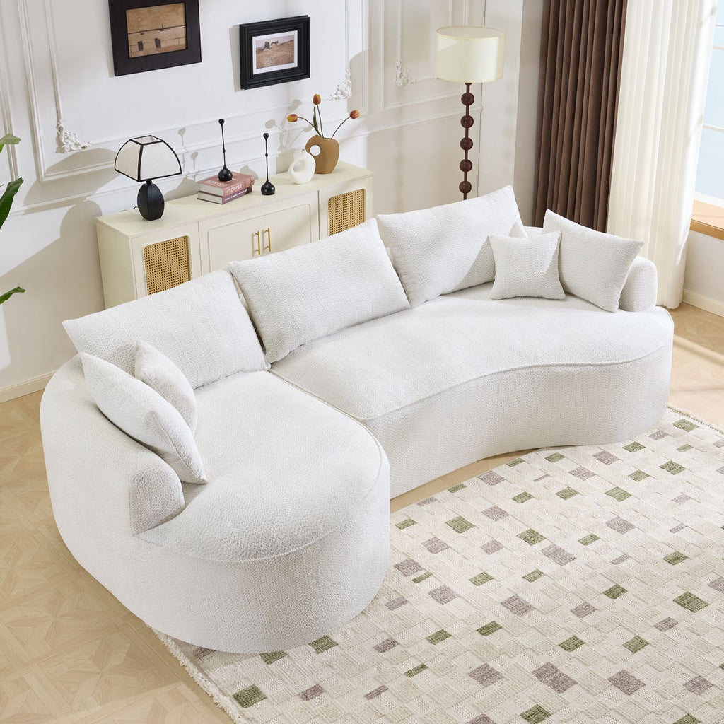 124.5-inch modern compressed boneless sofa, made of white chenille fabric, comes with 3 back pillows and 4 throw pillows. The high-resilience sponge provides a comfortable experience.No assembly