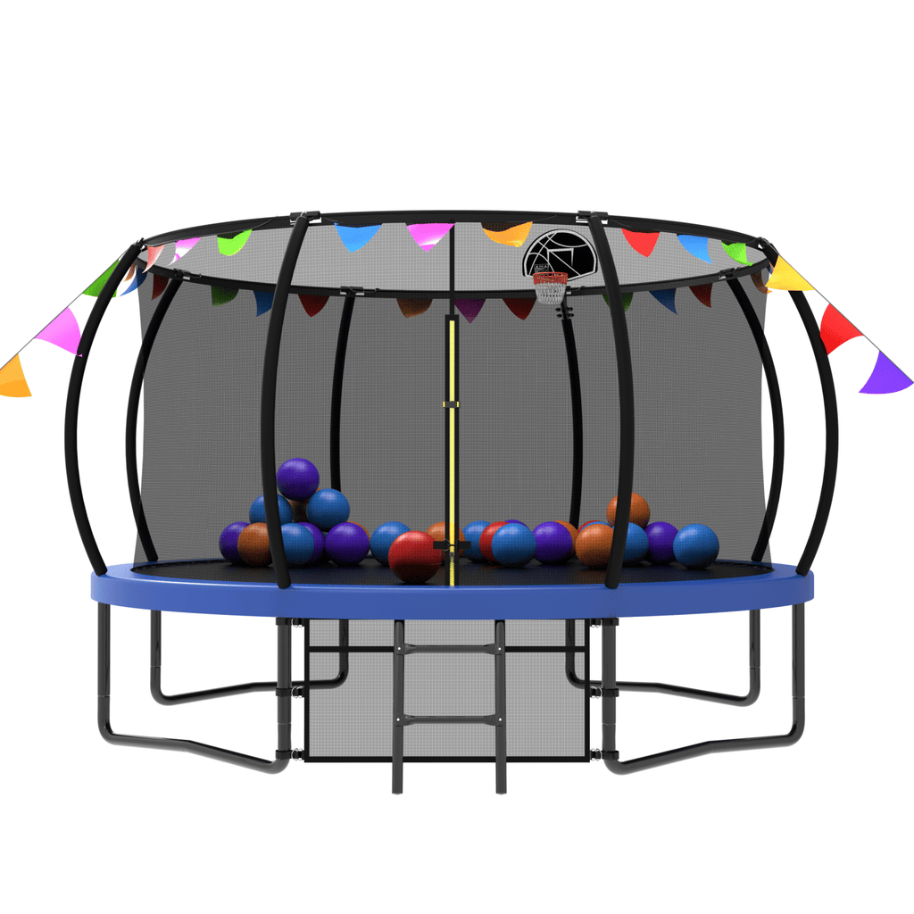 12FT Recreational Kids Trampoline with Safety Enclosure Net & Ladder, and flag parts, Outdoor Recreational Trampolines