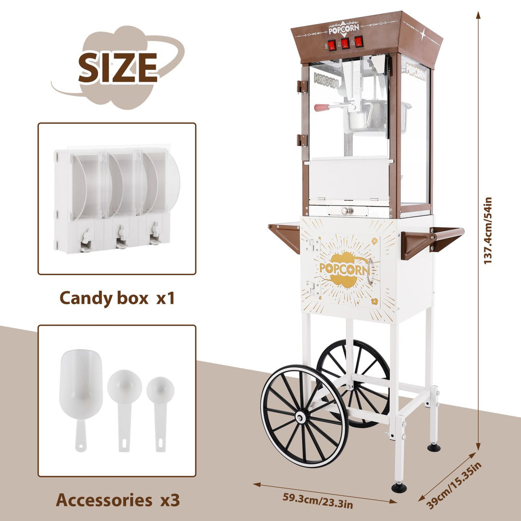 12oz Retro White Popcorn Machine with Rolling Cart, 3 Independent Control Switches & 3 Candy Boxes, Commercial Popcorn Maker for Theater Snack Bar.