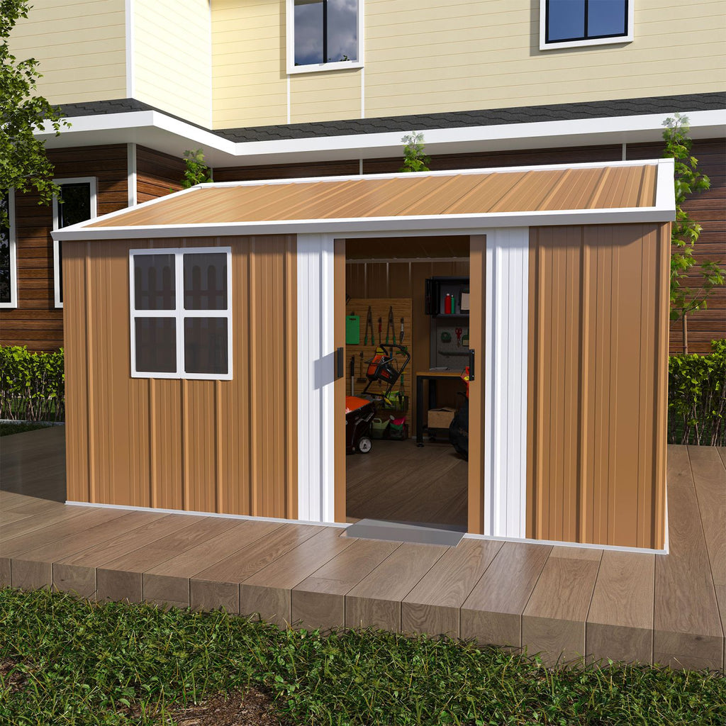 12x10 FT Heavy-Duty Metal Storage Shed with Windows, Lockable Door & Ventilation - Weatherproof Outdoor Garden Shed for Backyard, Lawn, and Tool Organization