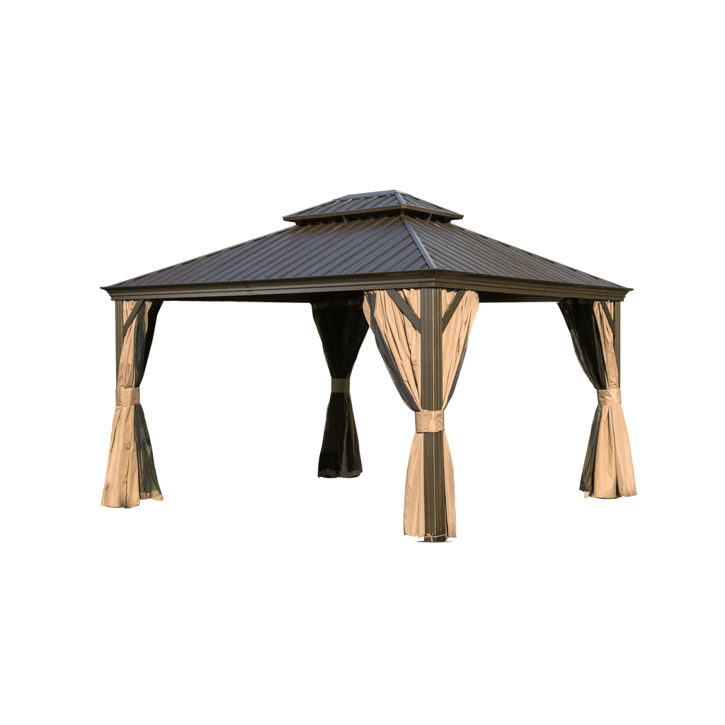 12'x14' Hardtop Gazebo, Outdoor Aluminum Frame Canopy with Galvanized Steel Double Roof, Outdoor Permanent Metal Pavilion with Curtains and Netting for Patio, Backyard and Lawn(Brown)