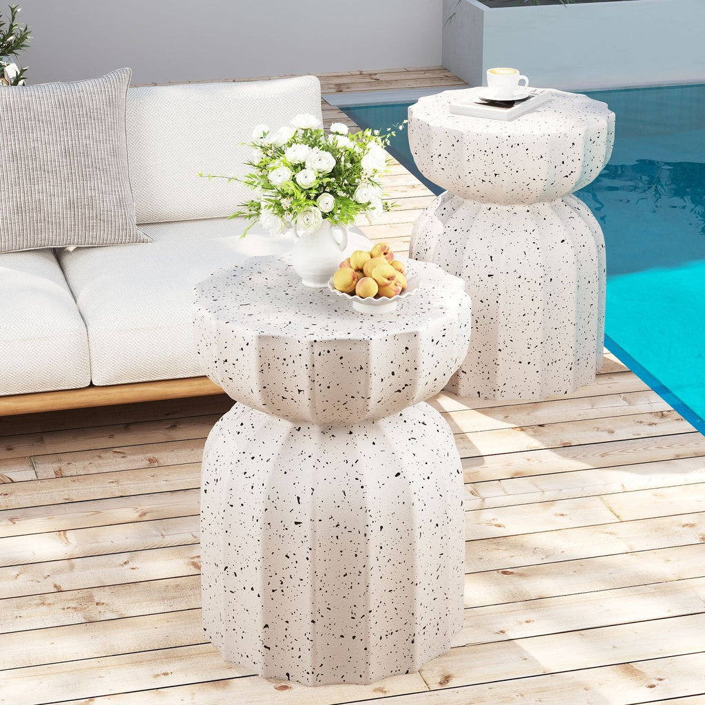 13" Modern Outdoor and Indoor Waterproof Coffee Table and Side Table Set, Durable MgO Cement Design, Suitable For Patio, Garden, Backyard and Living Room, White, 2PC