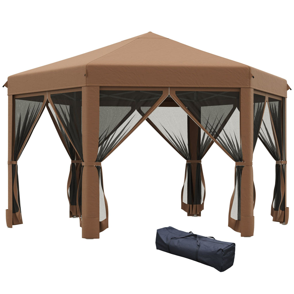 13' x 11' Hexagonal Pop Up Gazebo, Heavy Duty Outdoor Canopy Tent with 6 Mesh Sidewall Netting, 3-Level Adjustable Height and Strong Steel Frame, Brown