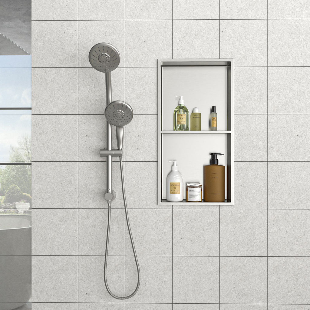 13" x 25" Stainless Steel Shower Niche Double Shelf, Brushed Nickel