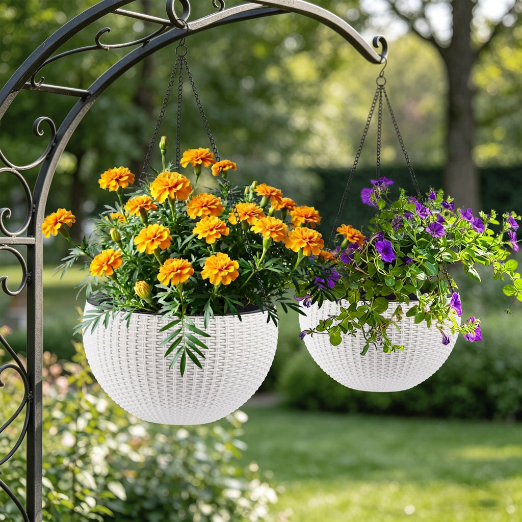 13.4 inch Self-Watering Hanging Rattan-Inspired Planter Large Capacity, Root-Rot Resistant Water Storage with Water Level Indicator, Dual-Use for Indoor & Balcony Decoration (Pack of 2, White)