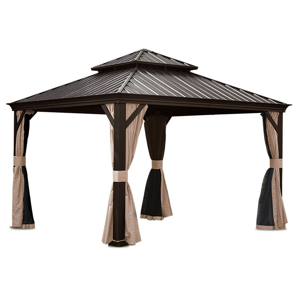 13x13FT Outdoor Gazebo, Hardtop Gazebo with Galvanized Steel Double Roof, Metal Gazebos with Drainage System Patio Pergola for Patio Deck Backyard,Curtain and Netting,Brown