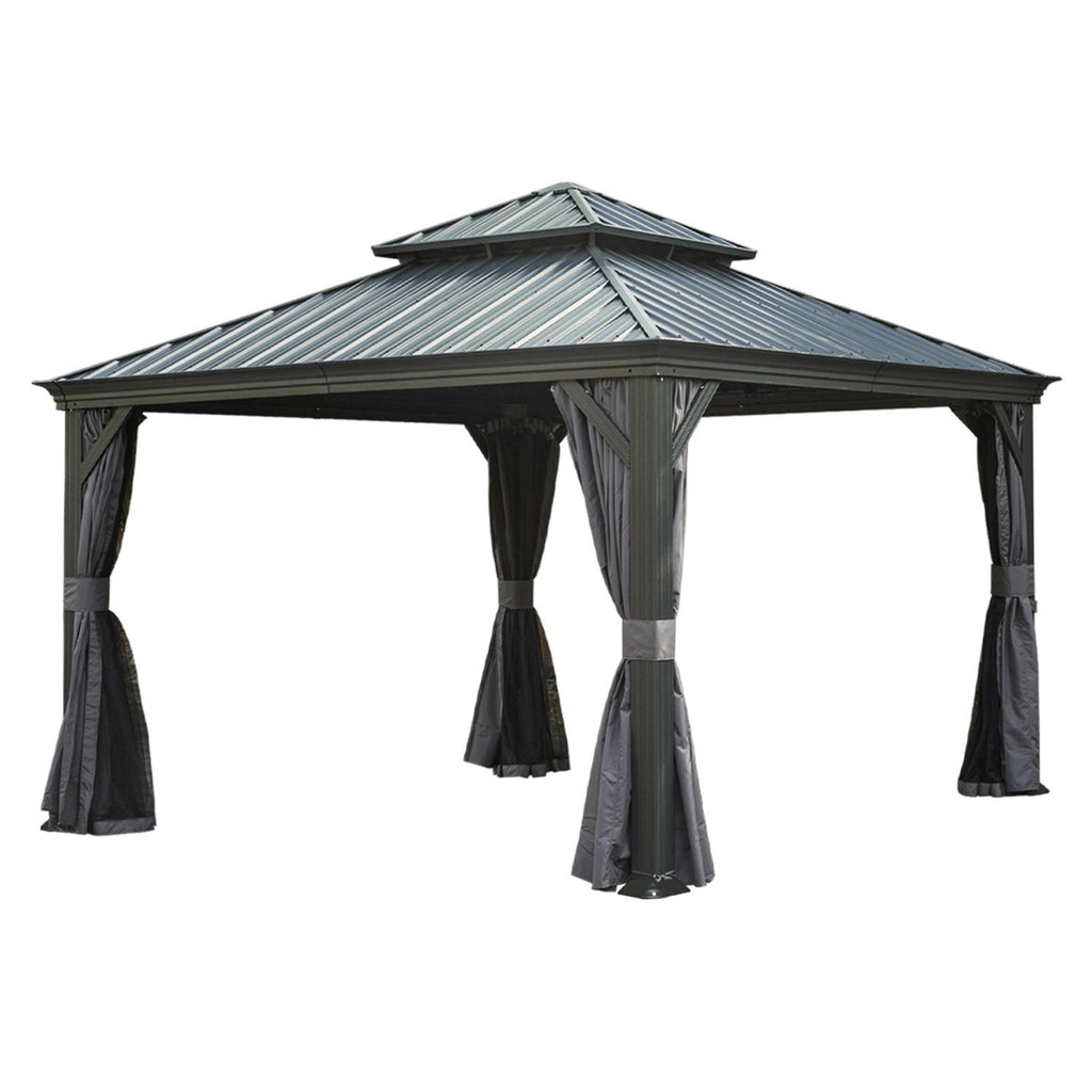 13x13FT Outdoor Gazebo, Hardtop Gazebo with Galvanized Steel Double Roof, Metal Gazebos with Drainage System Patio Pergola for Patio Deck Backyard,Curtain and Netting,Gray