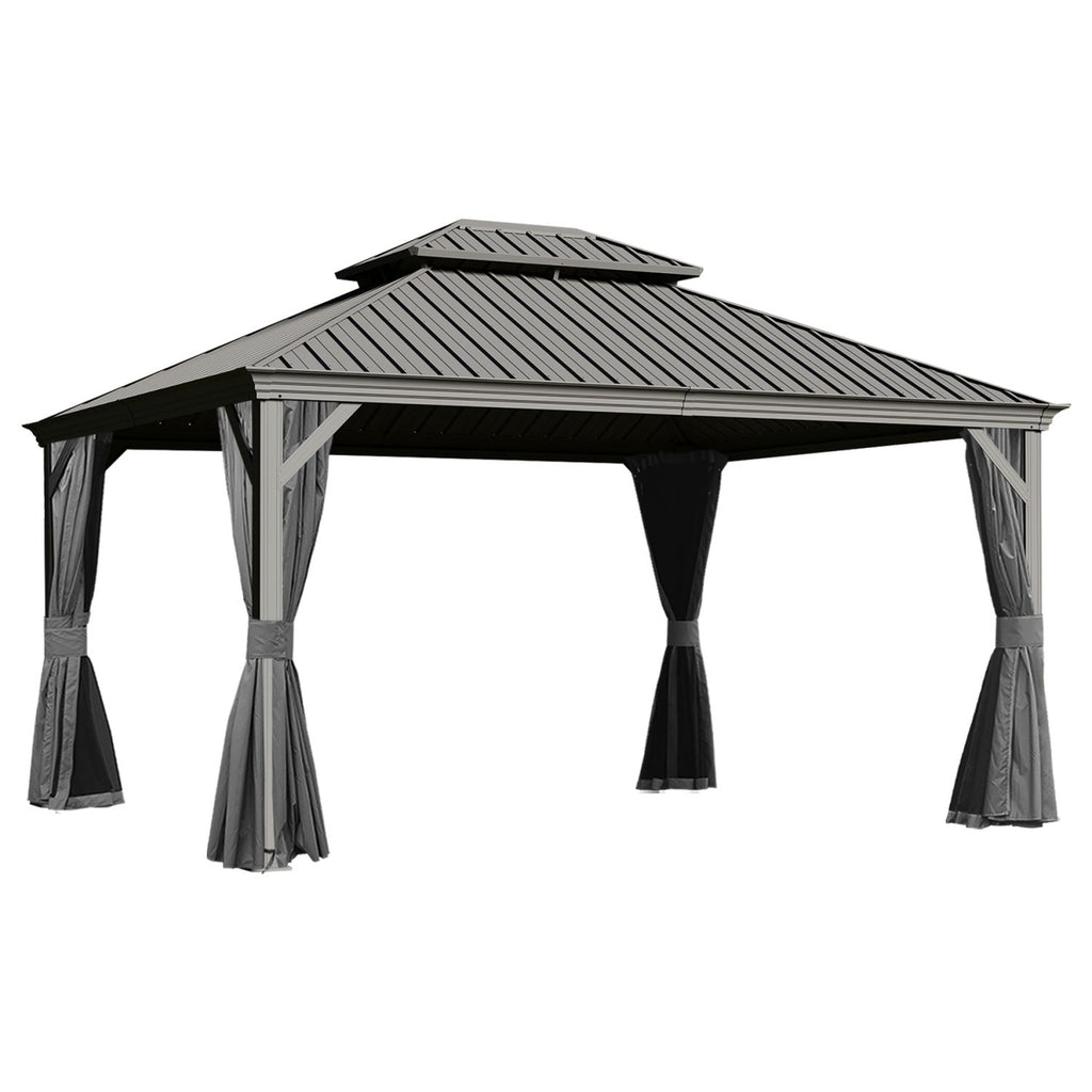 13x15FT Outdoor Gazebo, Hardtop Gazebo with Galvanized Steel Double Roof, Metal Gazebos with Drainage System Patio Pergola for Patio Deck Backyard,Curtain and Netting,Gray