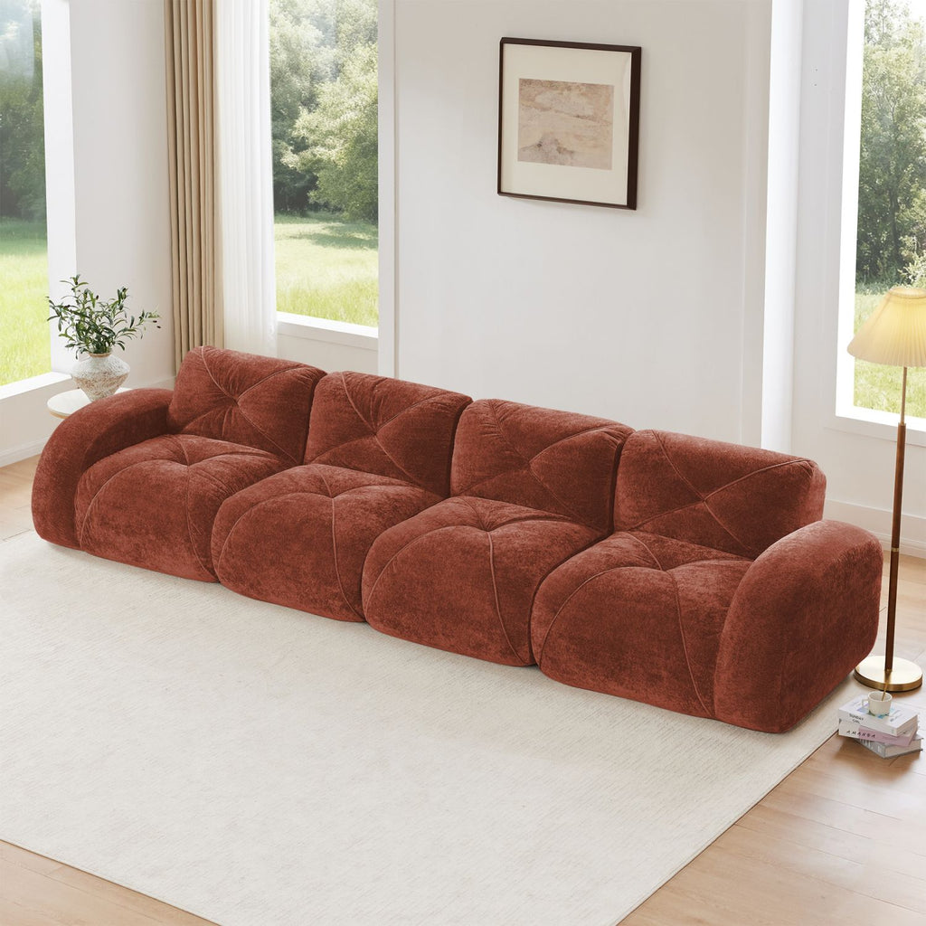 140''Soft Velvet Fabric,Boneless Sofa With Tufted,32D High Density Sponge,Ergonomic Design Bottom,No Assembly Required,Bottom Anti-Slip Design,For Living Rooms,Home Theater,Red Brown