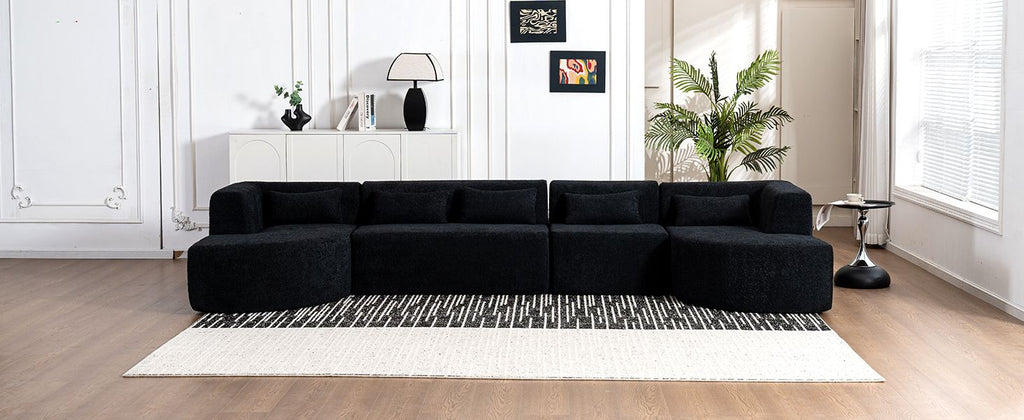 144" Upholstered Sofa Free-combined Sofa Couch with Two Chaise Lounge and Five Back Pillows for Living Room(Old SKU: N719S001600B), Black