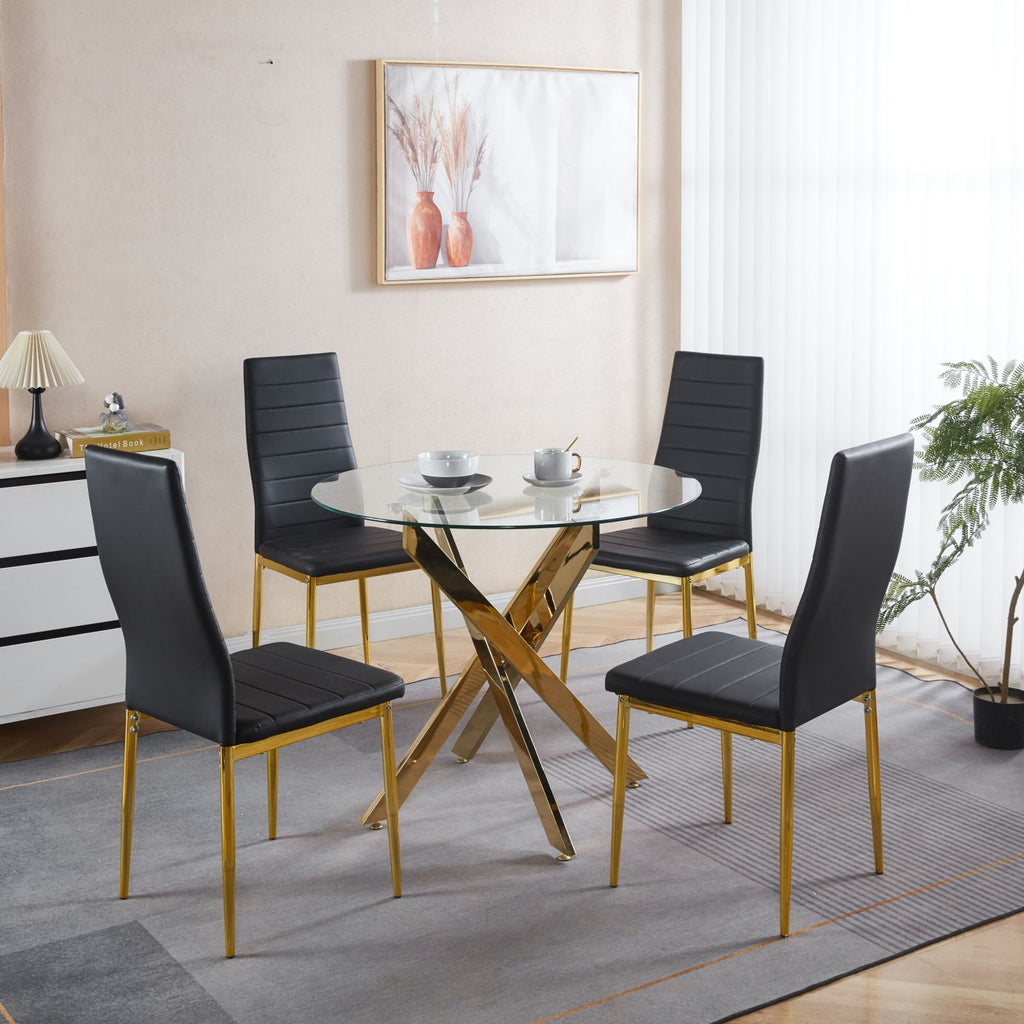 1+4,5pieces dining set, Table metal leg Mid-century Dining Table for 4-6 people With Glass Table Top, Pedestal Dining Table, End Table Leisure Coffee Table.