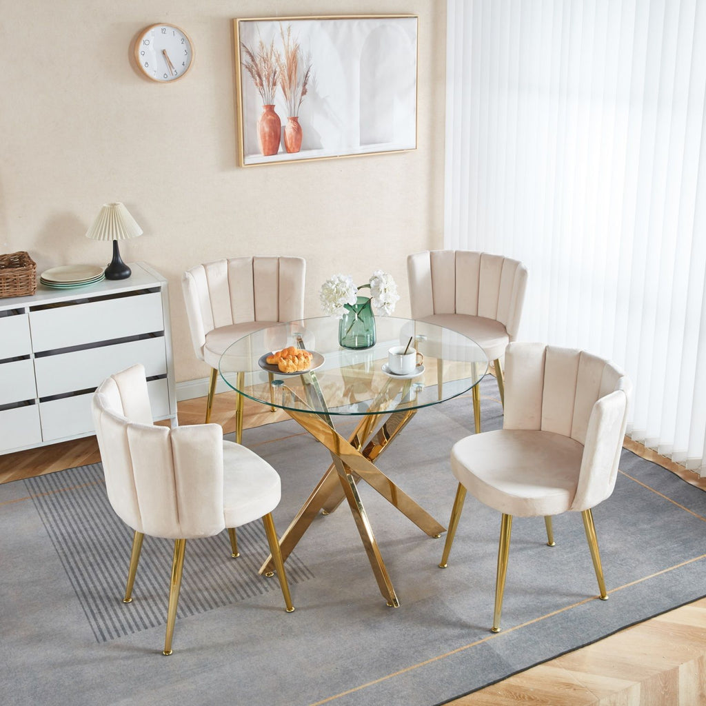 1+4,5pieces dining set, Table metal leg Mid-century Dining Table for 4-6 people With Glass Table Top, Pedestal Dining Table, End Table Leisure Coffee Table